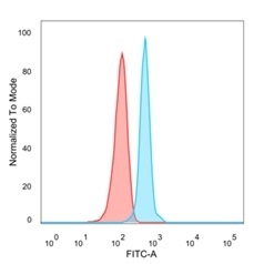 Flow Cytometric Analysis of PFA-fixed HeLa cells. NACC1 Mouse Monoclonal Antibody (PCRP-NACC1-1A8) followed by goat anti-mouse IgG-CF488 (blue); unstained cells (red).
