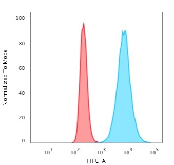 Flow Cytometric Analysis of HeLa cells. Histone H1 Monoclonal Antibody (SPM256) followed by goat anti-mouse IgG-CF488 (Blue); Isotype Control  (Red).