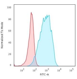 Flow Cytometric Analysis of Raji cells. HLA-DQ Rabbit Recombinant Monoclonal Antibody (HLA-DQA1/2866R) followed by goat anti-Rabbit IgG-CF488 (Blue); Isotype Control (Red).