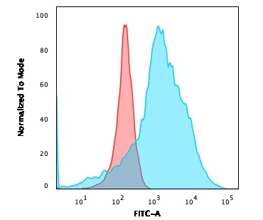 Flow Cytometric Analysis of K562 cells using LMO2 Recombinant Rabbit Monoclonal Antibody (LMO2/3147R); followed by goat anti-rabbit IgG-CF488 (Blue); Isotype Control (Red).