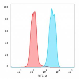 Flow Cytometric Analysis of PFA fixed MCF-7 cells using EpCAM Mouse Monoclonal Antibody (SPM134) followed by Goat anti-mouse IgG-CF488 (Blue); Isotype Control (Red).