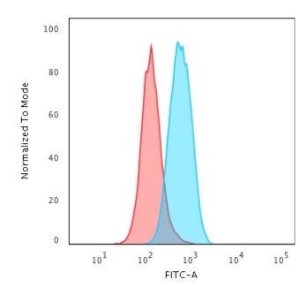 Flow Cytometric Analysis of K562 cells using c-Myc Rabbit Recombinant Monoclonal Antibody (MYC2895R) followed by Goat anti-Mouse IgG-CF488 (Blue); Isotype control (Red).