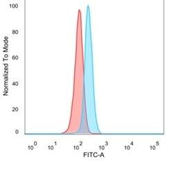 Flow cytometric analysis of PFA-fixed HeLa cells. NFIA Mouse Monoclonal Antibody (PCRP-NFIA-2C6) followed by goat anti-mouse IgG-CF488 (blue); isotype control (red).
