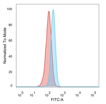 Flow cytometric analysis of PFA-fixed HeLa cells. RBMS2 Mouse Monoclonal Antibody (PCRP-RBMS2-1B6) followed by goat anti-mouse IgG-CF488 (blue); isotype control (red).