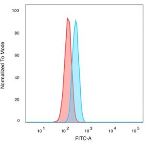 Flow Cytometric Analysis of PFA-fixed HeLacells. BCL6 Mouse Monoclonal Antibody (PCRP-BCL6-1E2) followed by goat anti-mouse IgG-CF488 (blue); unstained cells (red).