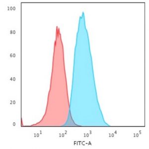 Flow Cytometric Analysis of T98G cells using S100A4 Mouse Monoclonal Antibody (S100A4/1481)  followed by goat anti-mouse IgG-CF488 (blue); isotype control (red).