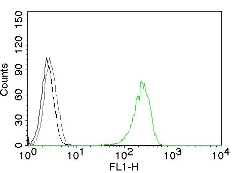 Flow Cytometry of human CD71 on K562 cells. Black: cells alone; Grey: Isotype Control; Green: AF488-labeled CD71 Mouse Monoclonal Antibody (66IG10).