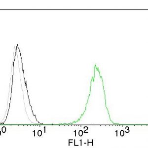 Flow Cytometry of human CD71 on Jurkat cells. Black: cells alone; Grey: Isotype Control; Green: AF488-labeled CD71 Monoclonal Antibody (TFRC/1059)