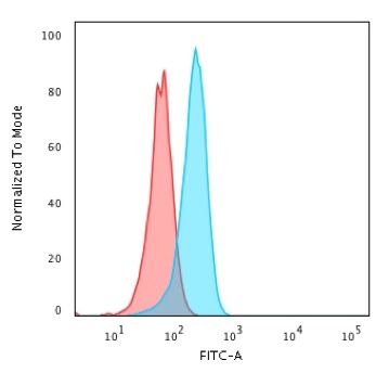 Flow Cytometric Analysis of HeLa cells using p53 Recombinant Rabbit Monoclonal Antibody (TP53/1799R) followed by goat anti-rabbit IgG-CF488 (blue); isotype control (red).