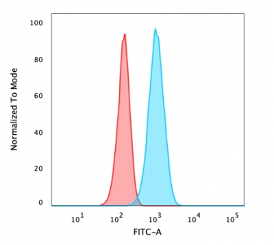 Flow Cytometric Analysis of PFA-fixed U87 cells using CAIX-Monospecific Mouse Monoclonal Antibody (CA9/3405) followed by goat anti-mouse IgG-CF488 (Blue); Isotype Control (Red).