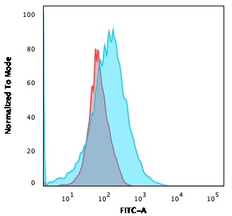 Flow Cytometric Analysis of MOLT-4 cells using CD2 Mouse Monoclonal Antibody (HuLy-m1) followed by goat anti-Mouse IgG-CF488 (Blue); Isotype Control (Red).