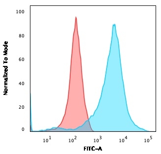 Flow Cytometric Analysis of HEK293 cells using Neurofilament Mouse Monoclonal Antibody (NF421 + NFL/736) followed by goat anti-Mouse IgG-CF488 (Blue); Isotype control (Red).