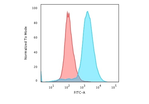 Flow Cytometric Analysis of paraformaldehyde-fixed Jurkat cells with Double Stranded DNA Mouse Monoclonal Antibody (121-3)followed by Goat anti-Mouse IgG-CF488 (Blue) Isotype Control (Red)