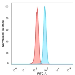 Flow Cytometric Analysis of PFA-fixed HeLa cells. ZNF488 Mouse Monoclonal Antibody (PCRP-ZNF488-2D8) followed by goat anti-mouse IgG-CF488 (blue); unstained cells (red).