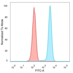Flow Cytometric Analysis of PFA-fixed HeLa cells. RXRG Mouse Monoclonal Antibody (PCRP-RXRG-5C9) followed by goat anti-mouse IgG-CF488 (blue); unstained cells (red).