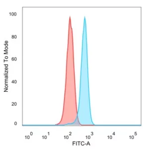Flow Cytometric Analysis of PFA-fixed HeLa cells. GCM2 Mouse Monoclonal Antibody (PCRP-GCM2-1B3) followed by goat anti-mouse IgG-CF488 (blue); unstained cells (red).