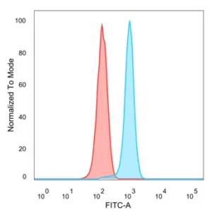 Flow Cytometric Analysis of PFA-fixed HeLa cells. WTAP Mouse Monoclonal Antibody (PCRP-WTAP-1A4) followed by goat anti-mouse IgG-CF488 (blue); unstained cells (red).